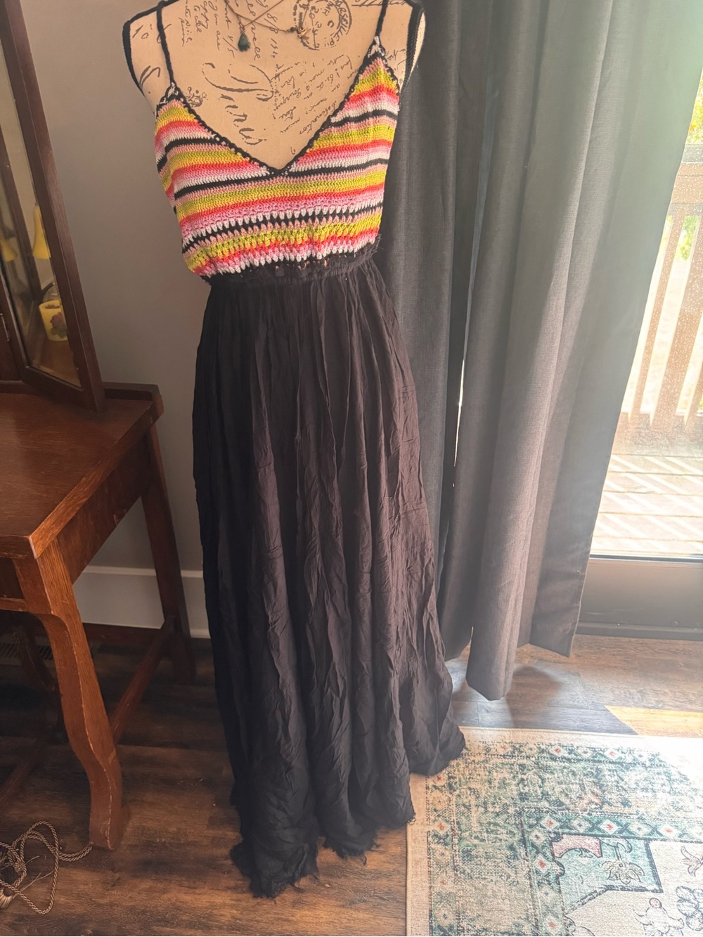 RAGA Multicolor Crochet Bodice Black Maxi Dress